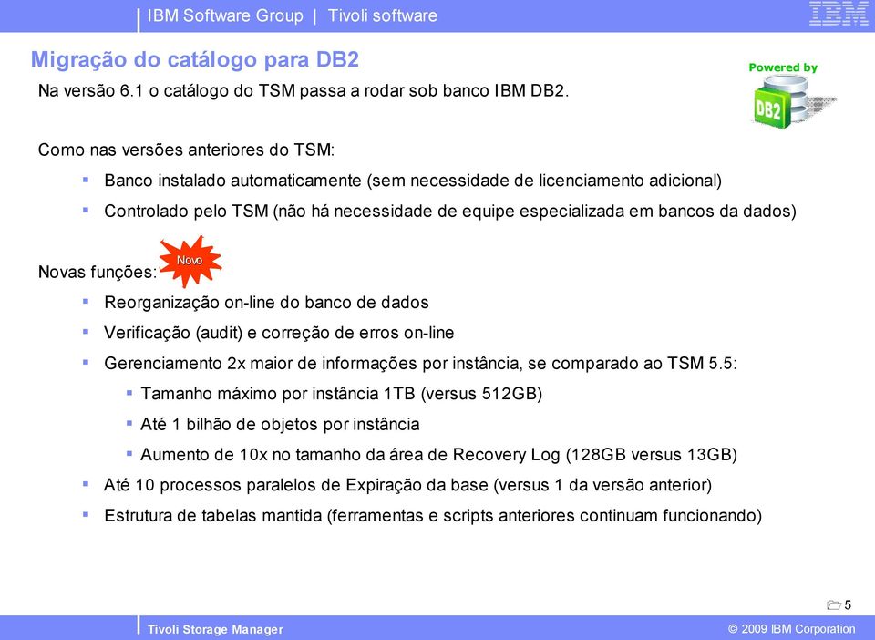 Novas funções: Novo Reorganização on-line do banco de dados Verificação (audit) e correção de erros on-line Gerenciamento 2x maior de informações por instância, se comparado ao TSM 5.