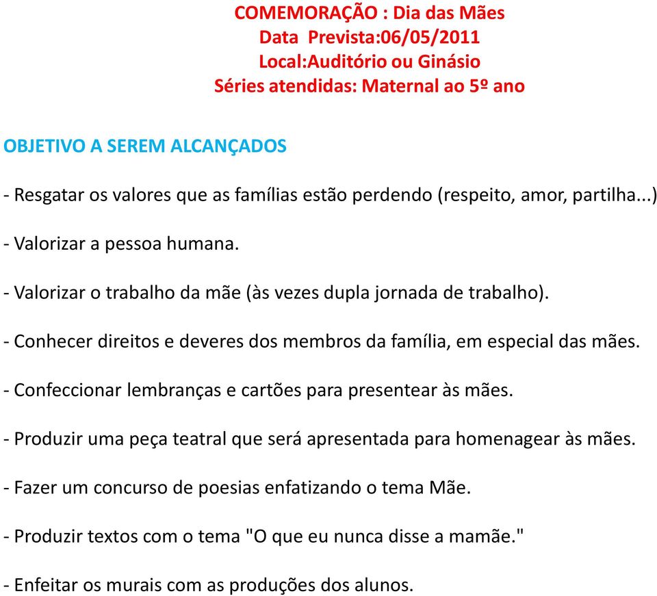 - Conhecer direitos e deveres dos membros da família, em especial das mães. - Confeccionar lembranças e cartões para presentear às mães.