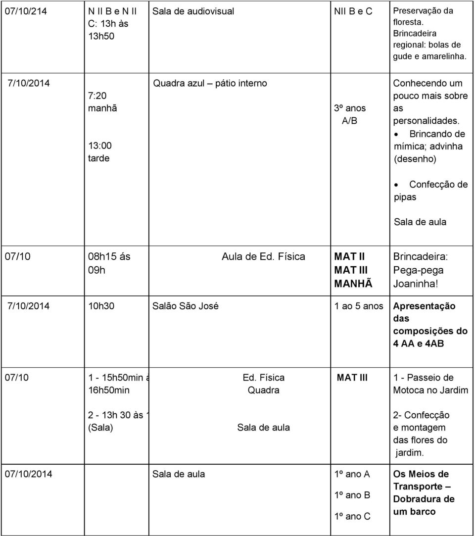 Brincando de mímica; advinha (desenho) Confecção de pipas Sala de aula 07/10 08h15 ás 09h Aula de Ed. Física MAT II MANHÃ Brincadeira: Pega-pega Joaninha!