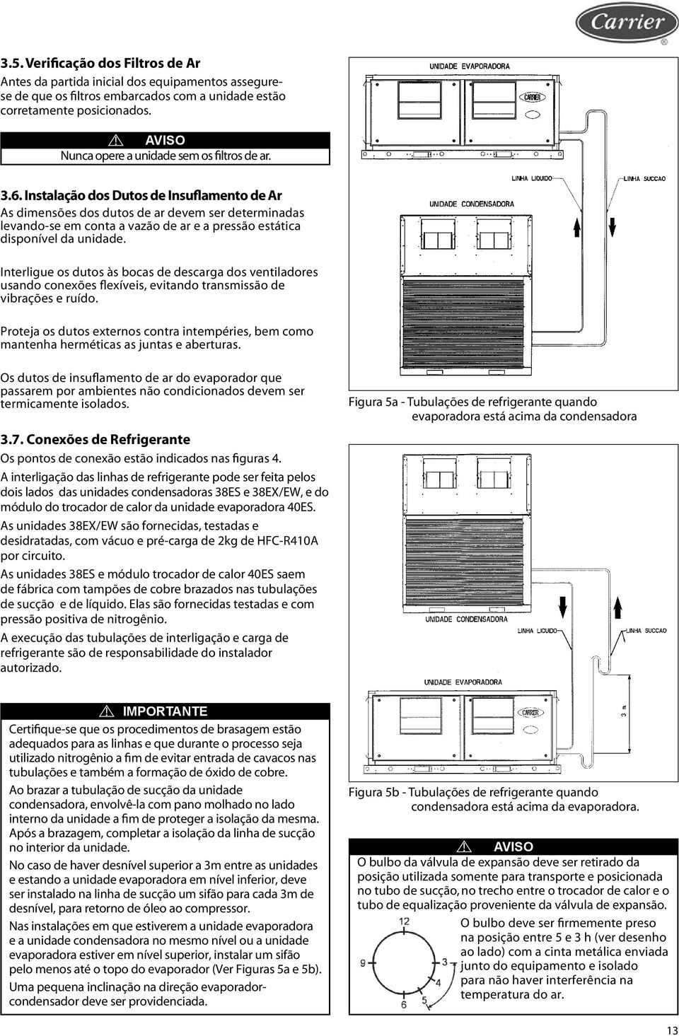 Instalação dos Dutos de Insuflamento de Ar As dimensões dos dutos de ar devem ser determinadas levando-se em conta a vazão de ar e a pressão estática disponível da unidade.