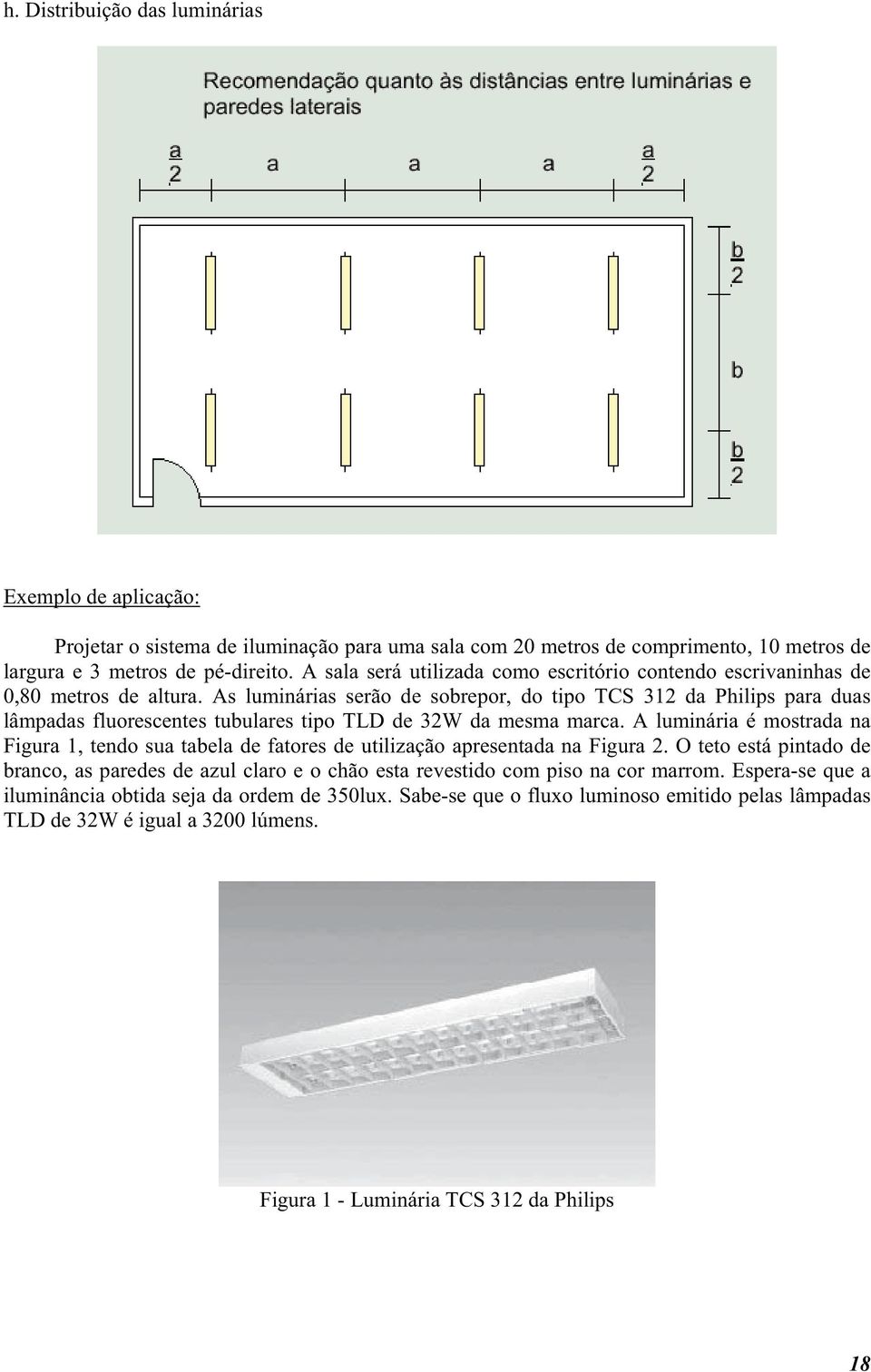 As luminárias serão de sobrepor, do tipo TCS 312 da Philips para duas lâmpadas fluorescentes tubulares tipo TLD de 32W da mesma marca.