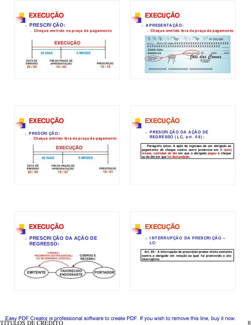 A ação de regresso de um obrigado ao pagamento do cheque contra outro prescreve em 6 (seis) meses, contados do dia em que o obrigado pagou o cheque ou do