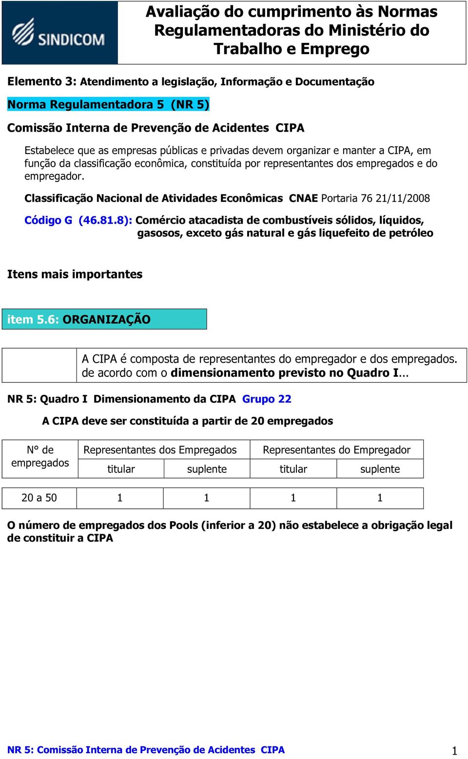 Classificação Nacional de Atividades Econômicas CNAE Portaria 76 21/11/2008 Código G (46.81.