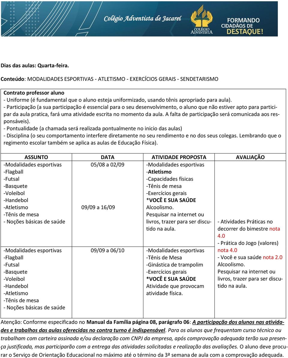 - Participação (a sua participação é essencial para o seu desenvolvimento, o aluno que não estiver apto para participar da aula pratica, fará uma atividade escrita no momento da aula.