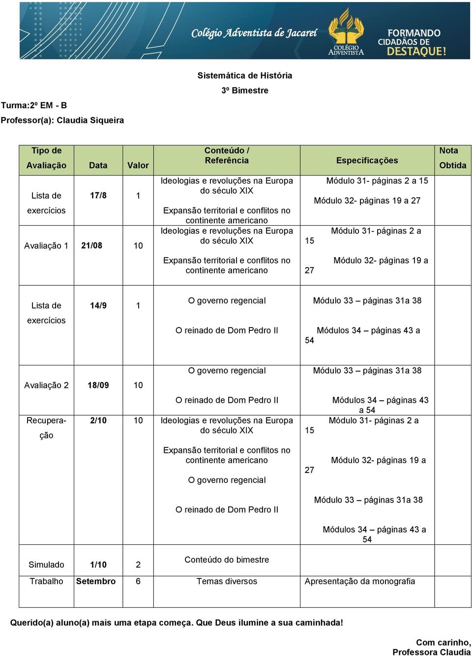 americano 27 Módulo 32- páginas 19 a Lista de 14/9 1 O governo regencial Módulo 33 páginas 31a 38 exercícios O reinado de Dom Pedro II Módulos 34 páginas 43 a 54 Avaliação 2 18/09 10 Recuperação O