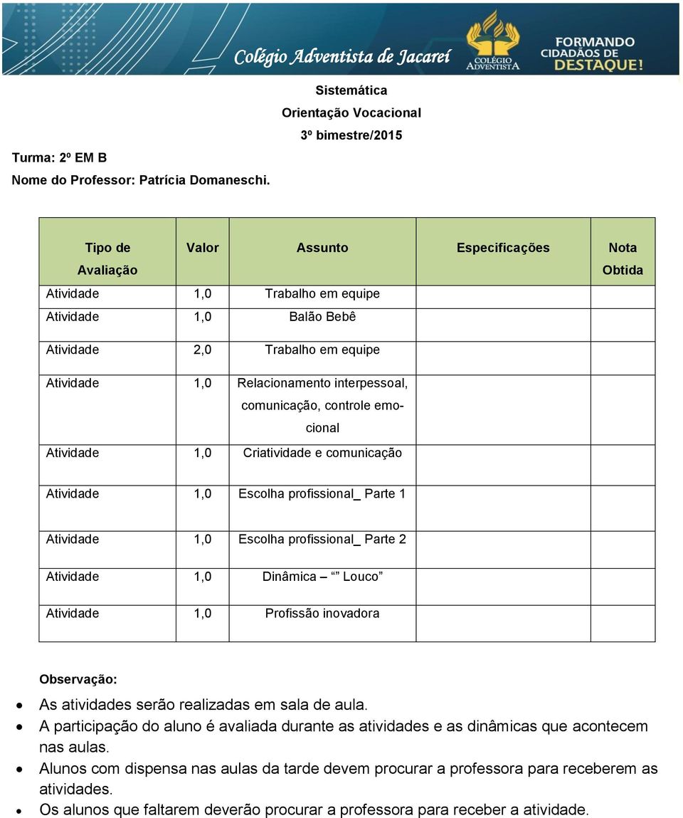 interpessoal, comunicação, controle emocional Atividade 1,0 Criatividade e comunicação Atividade 1,0 Escolha profissional_ Parte 1 Atividade 1,0 Escolha profissional_ Parte 2 Atividade 1,0 Dinâmica