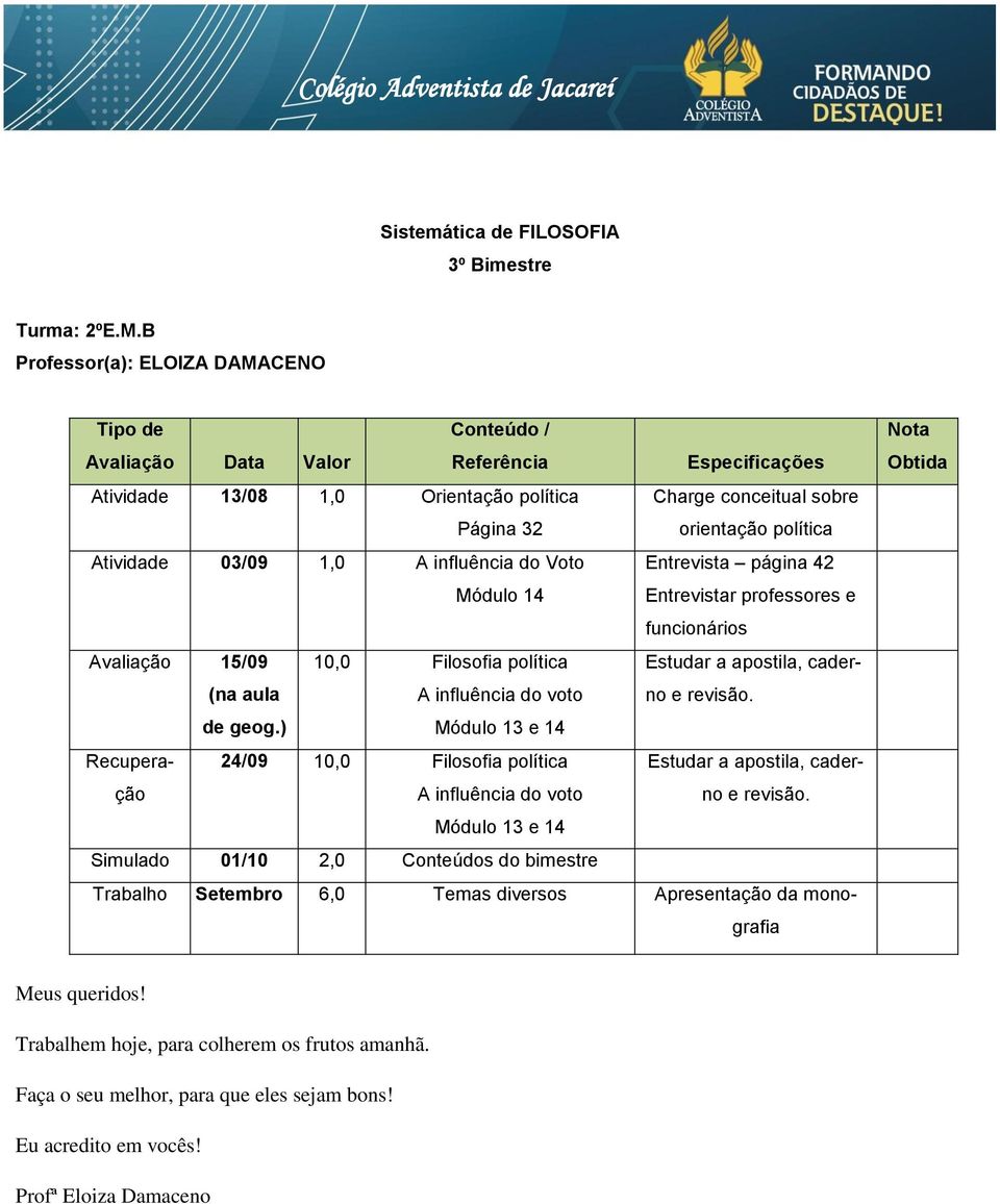 14 Entrevistar professores e funcionários Avaliação 15/09 10,0 Filosofia política Estudar a apostila, caderno (na aula A influência do voto e revisão. de geog.