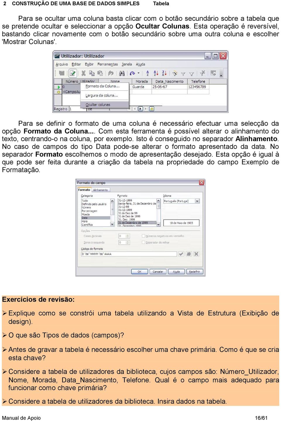 Para se definir o formato de uma coluna é necessário efectuar uma selecção da opção Formato da Coluna.