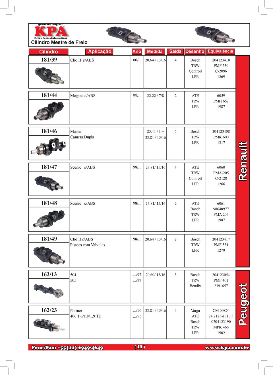 .. 23.81/ 15/16 2 ATE 6061 98648977 PMA 204 1907 181/49 Clio II c/abs 98/... 20.64 / 13/16 2 Pistões com Valvulas 204123417 PMF 531 1270 162/13 504.../97 20.60/ 13/16 3 505.