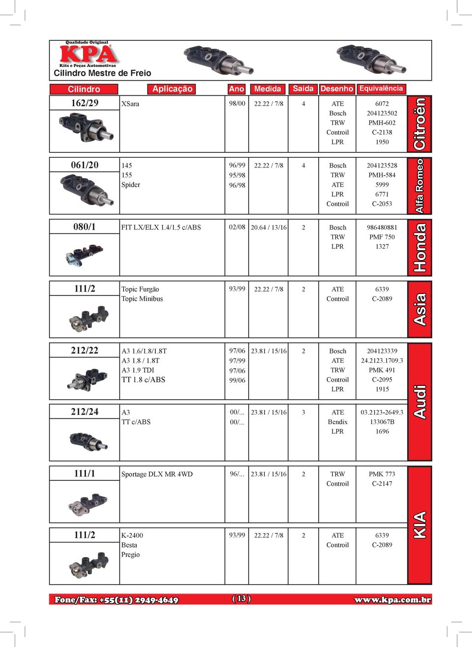 22 / 7/8 2 ATE Topic Minibus 212/22 A3 1.6/1.8/1.8T 97/06 23.81 / 15/16 2 A3 1.8 / 1.8T 97/99 A3 1.9 TDI 97/06 TT 1.8 c/abs 99/06 ATE 212/24 A3 00/... 23.81 / 15/16 3 ATE TT c/abs 00/.