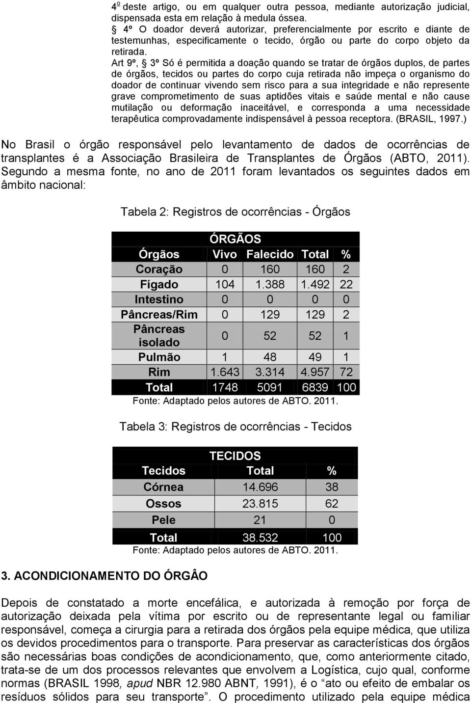 Art 9º, 3º Só é permitida a doação quando se tratar de órgãos duplos, de partes de órgãos, tecidos ou partes do corpo cuja retirada não impeça o organismo do doador de continuar vivendo sem risco