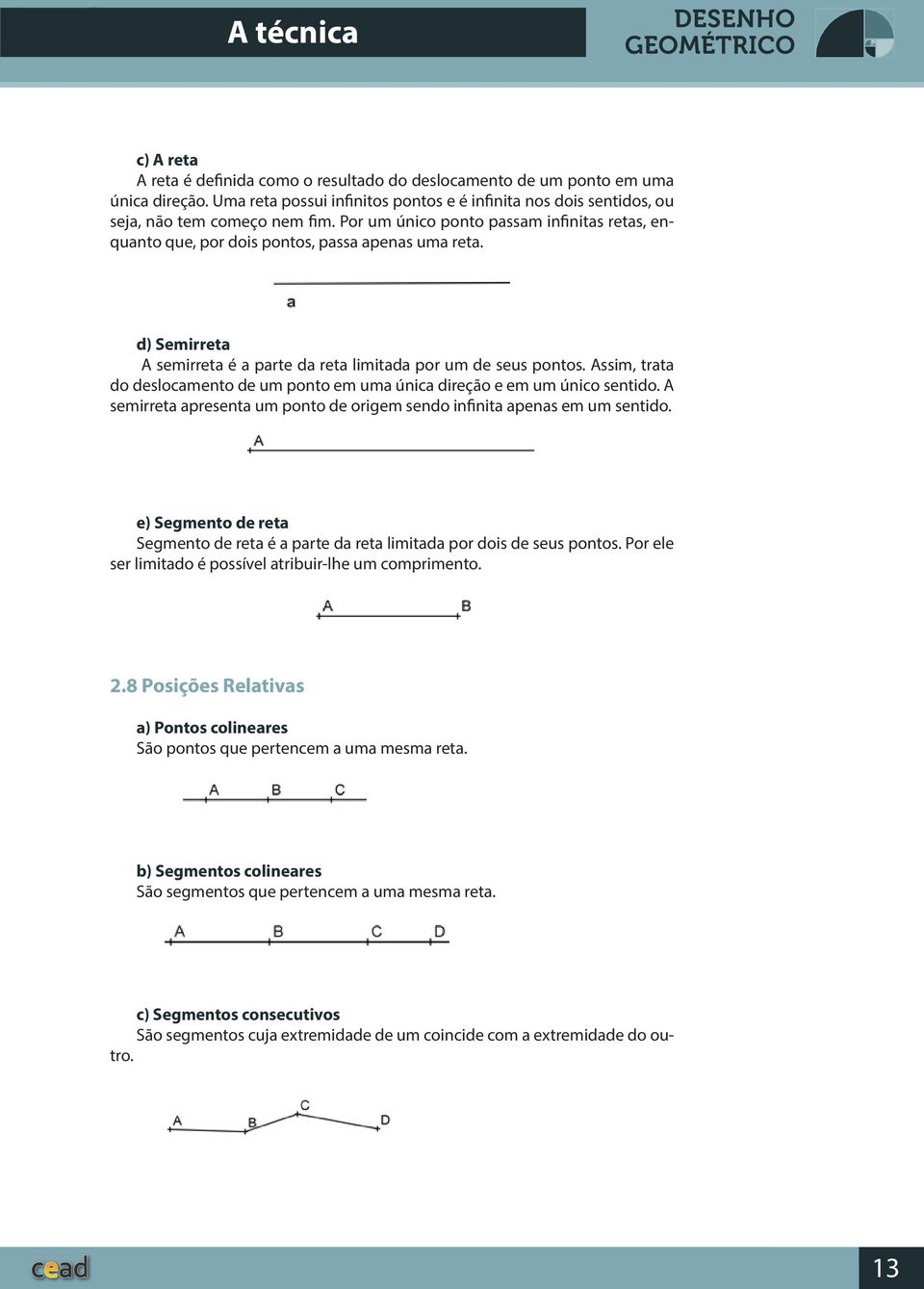 d) Semirreta A semirreta é a parte da reta limitada por um de seus pontos. Assim, trata do deslocamento de um ponto em uma única direção e em um único sentido.