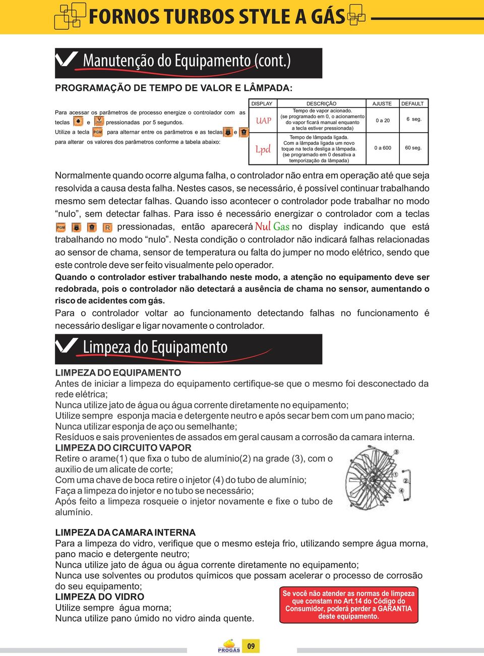 Utilize a tecla para alternar entre os parâmetros e as teclas e para alterar os valores dos parâmetros conforme a tabela abaixo: DISPLAY UAP Lpd DESCRIÇÃO Tempo de vapor acionado.