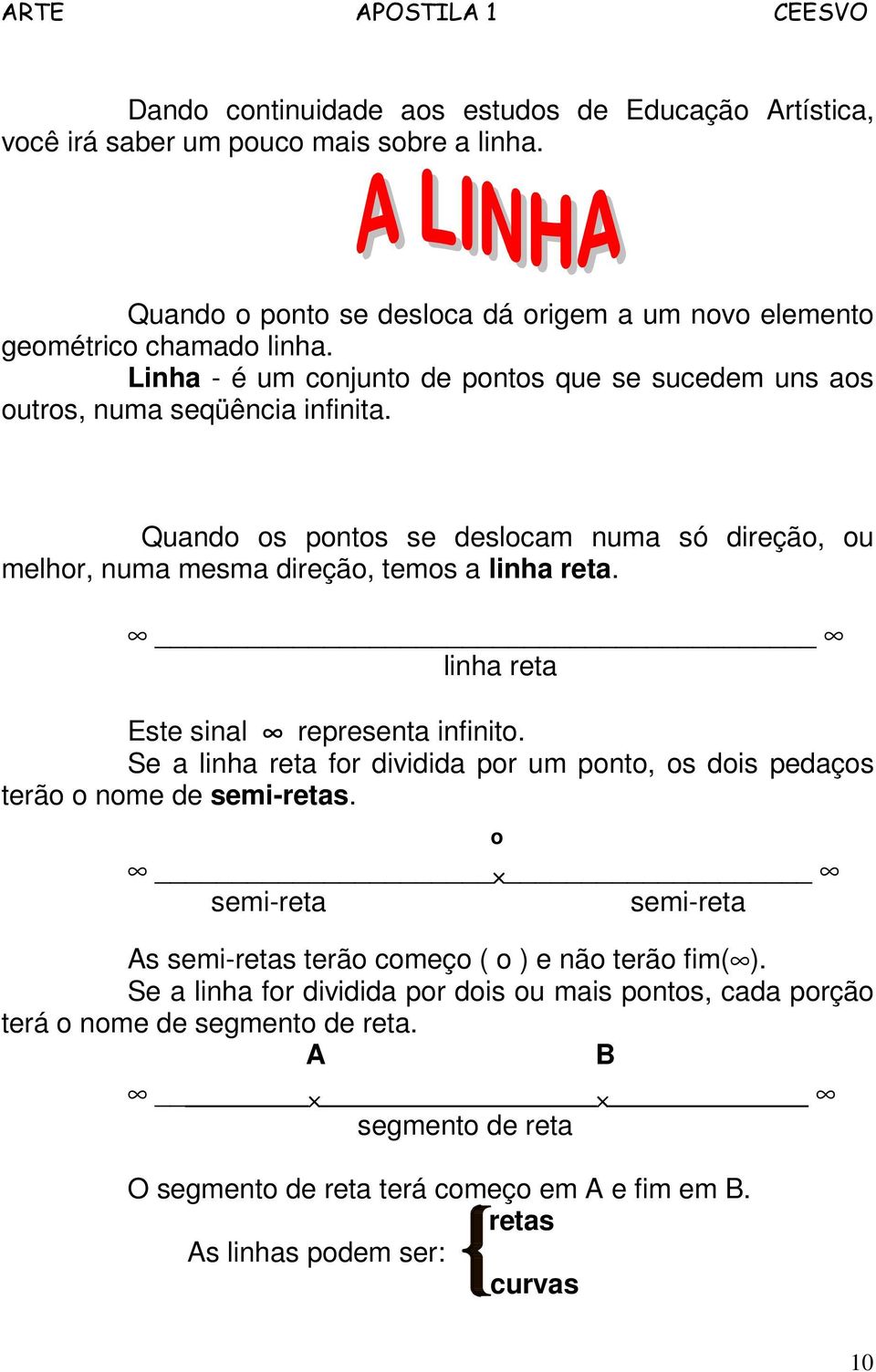 linha reta Este sinal representa infinito. Se a linha reta for dividida por um ponto, os dois pedaços terão o nome de semi-retas.