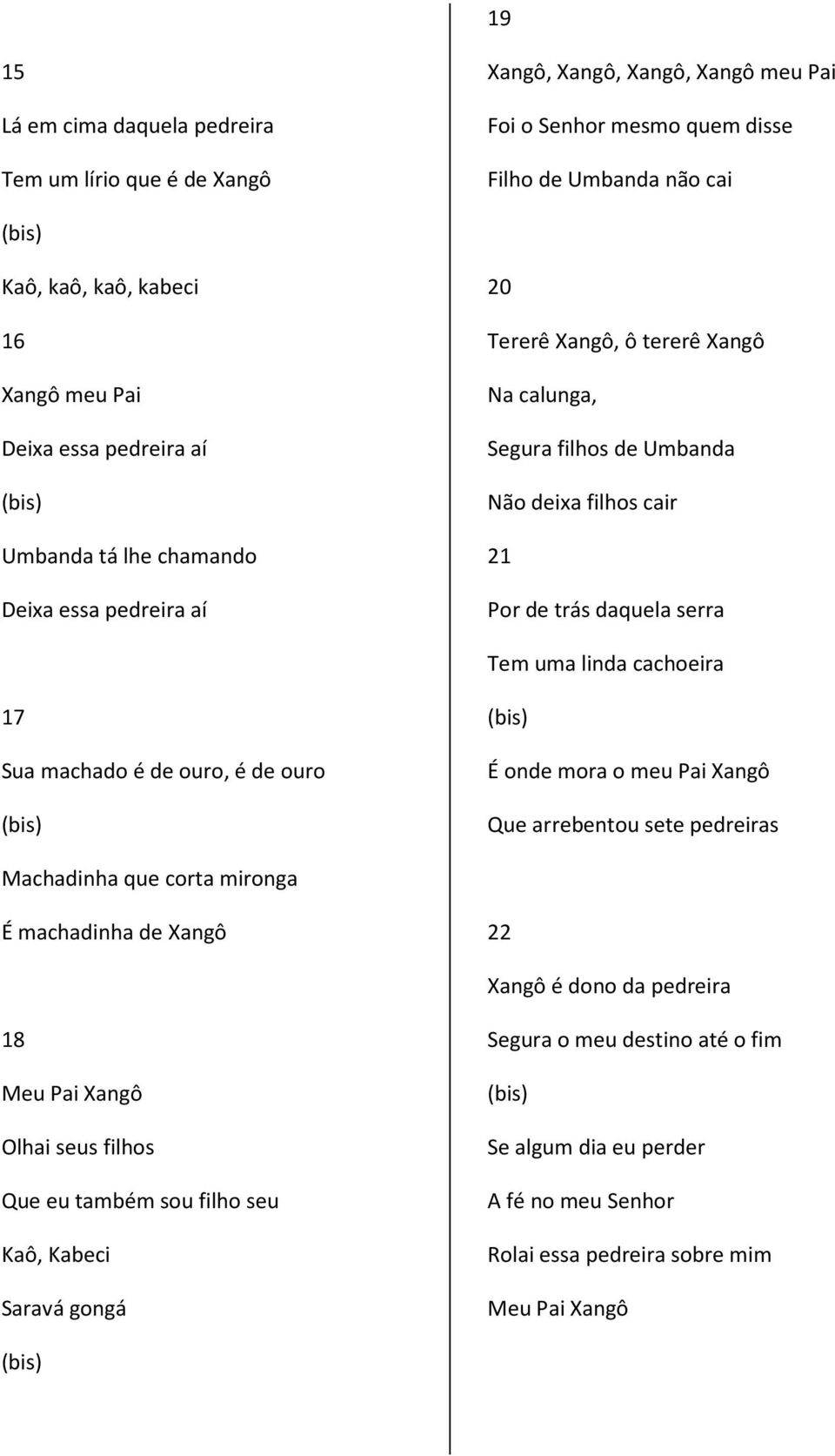 uma linda cachoeira 17 Sua machado é de ouro, é de ouro É onde mora o meu Pai Xangô Que arrebentou sete pedreiras Machadinha que corta mironga É machadinha de Xangô 22 Xangô é dono da pedreira 18