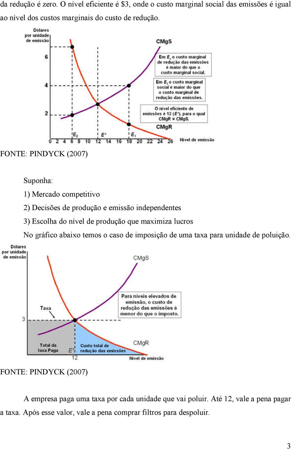 Suponha: 1) Mercado competitivo 2) Decisões de produção e emissão independentes 3) Escolha do nível de produção que maximiza