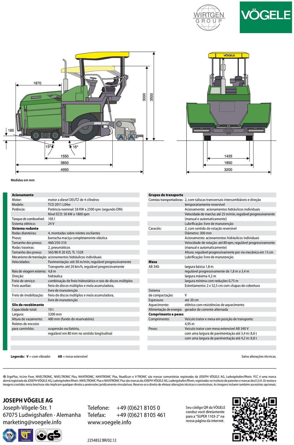 traseiras: 2, pneumáticos Tamanho dos pneus: 365/80 R 20 XZL TL 152K Mecanismo de translação: acionamentos hidráulicos individuais Velocidades: Pavimentação: até 30 m/min, regulável progressivamente