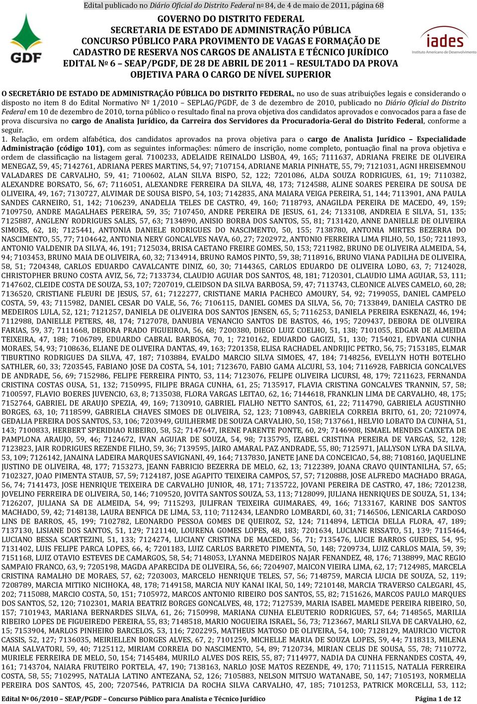 legais e considerando o disposto no item 8 do Edital Normativo Nº 1/2010 SEPLAG/PGDF, de 3 de dezembro de 2010, publicado no Diário Oficial do Distrito Federal em 10 de dezembro de 2010, torna