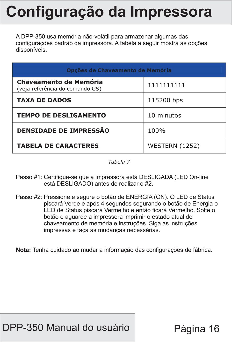 CARACTERES WESTERN (1252) Tabela 7 Passo #1: Certifique-se que a impressora está DESLIGADA (LED On-line está DESLIGADO) antes de realizar o #2. Passo #2: Pressione e segure o botão de ENERGIA (ON).