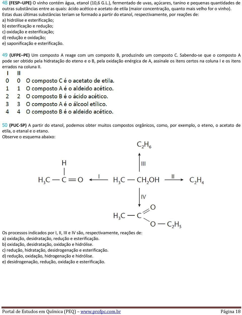 Estas duas últimas substâncias teriam se formado a partir do etanol, respectivamente, por reações de: a) hidrólise e esterificação; b) esterificação e redução; c) oxidação e esterificação; d) redução