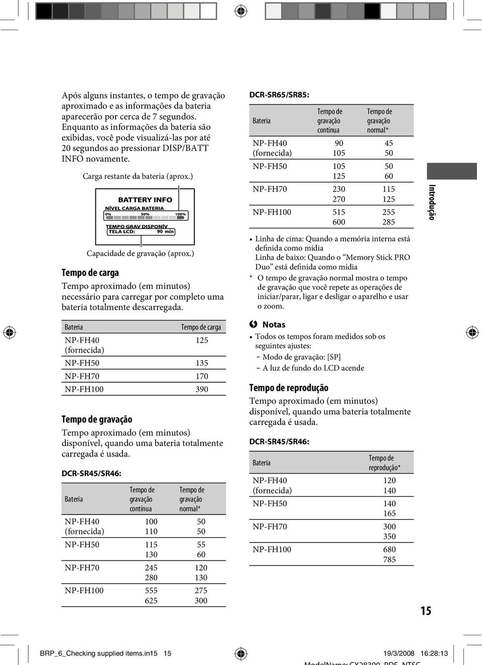 Tempo de carga Tempo aproximado (em minutos) necessário para carregar por completo uma bateria totalmente descarregada.