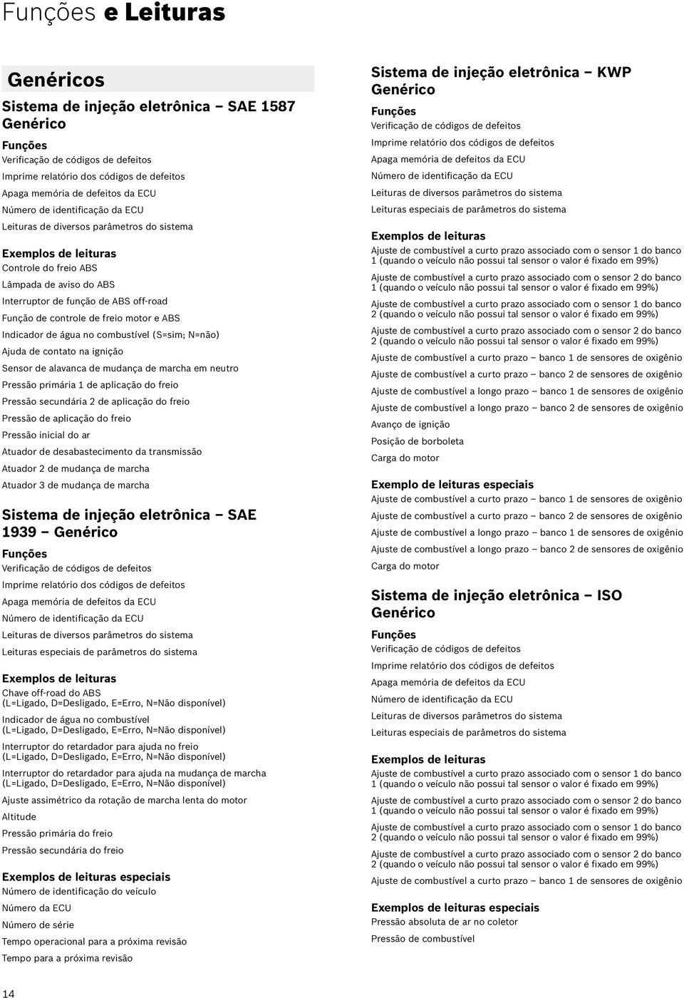 de contato na ignição Sensor de alavanca de mudança de marcha em neutro Pressão primária 1 de aplicação do freio Pressão secundária 2 de aplicação do freio Pressão de aplicação do freio Pressão