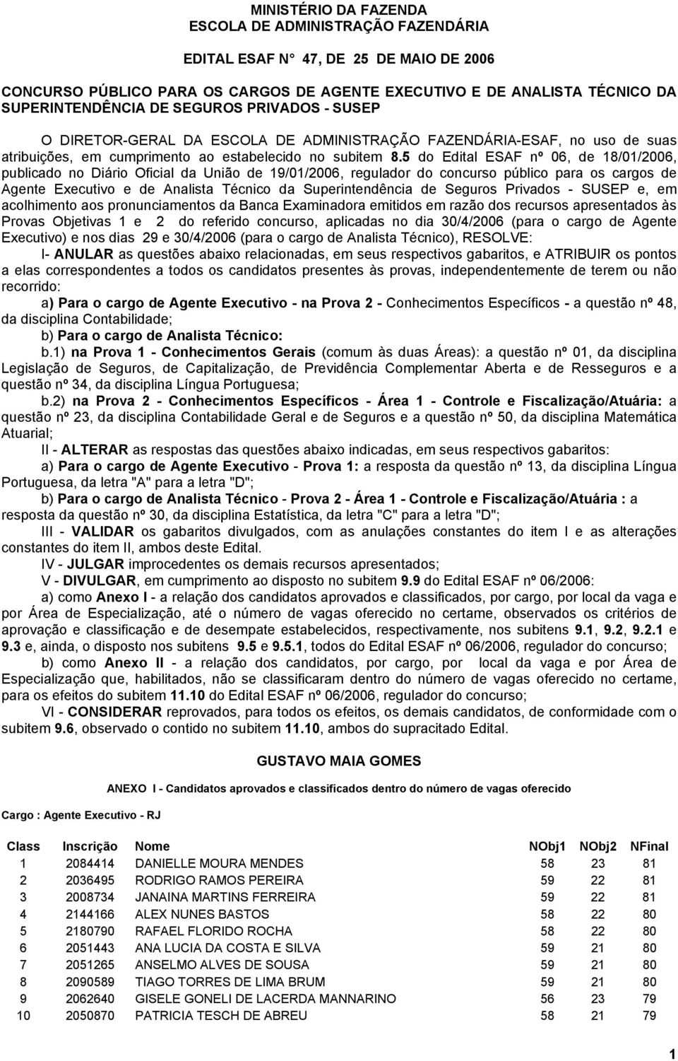 5 do Edital ESAF nº 06, de 18/01/2006, publicado no Diário Oficial da União de 19/01/2006, regulador do concurso público para os cargos de Agente Executivo e de Analista Técnico da Superintendência