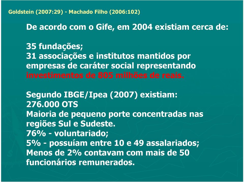 Segundo IBGE/Ipea (2007) existiam: 276.000 OTS Maioria de pequeno porte concentradas nas regiões Sul e Sudeste.