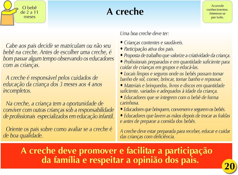 Na creche, a criança tem a oportunidade de conviver com outras crianças sob a responsabilidade de profissionais especializados em educação infantil.