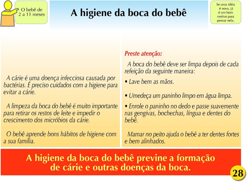 O bebê aprende bons hábitos de higiene com a sua família. Preste atenção: A boca do bebê deve ser limpa depois de cada refeição da seguinte maneira: Lave bem as mãos.