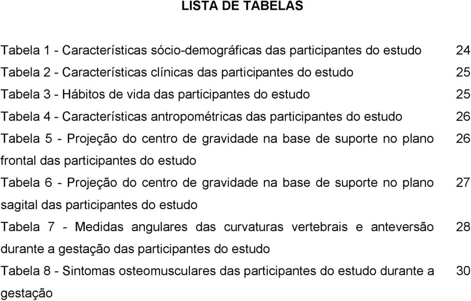 suporte no plano 26 frontal das participantes do estudo Tabela 6 - Projeção do centro de gravidade na base de suporte no plano 27 sagital das participantes do estudo Tabela 7 -