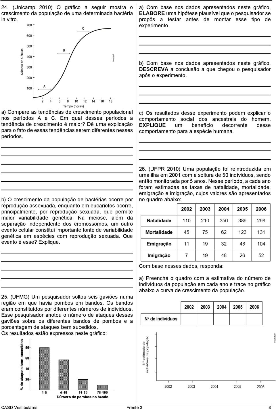 b) O crescimento da população de bactérias ocorre por reprodução assexuada, enquanto em eucariotos ocorre, principalmente, por reprodução sexuada, que permite maior variabilidade genética.