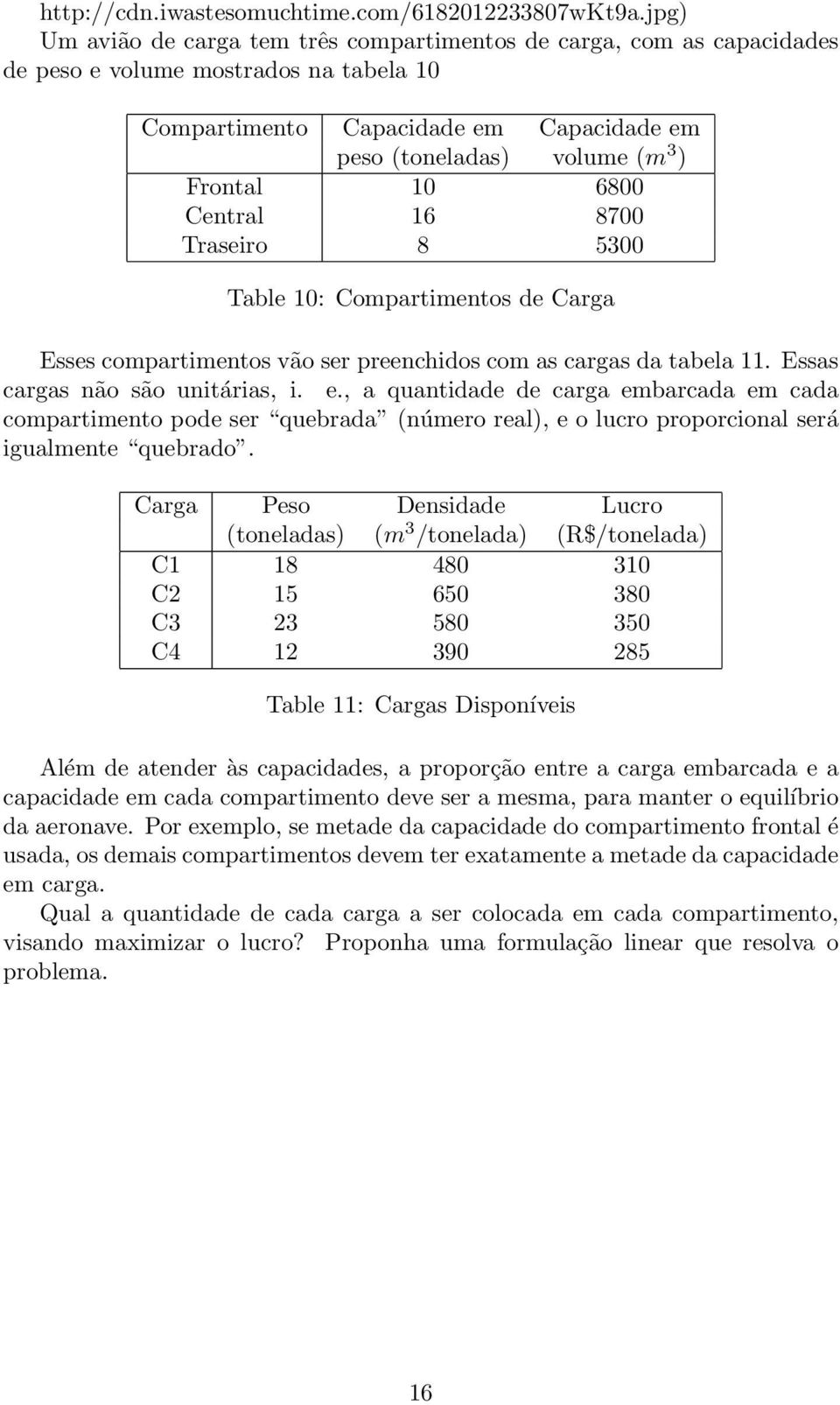 6800 Central 16 8700 Traseiro 8 5300 Table 10: Compartimentos de Carga Esses compartimentos vão ser preenchidos com as cargas da tabela 11. Essas cargas não são unitárias, i. e.