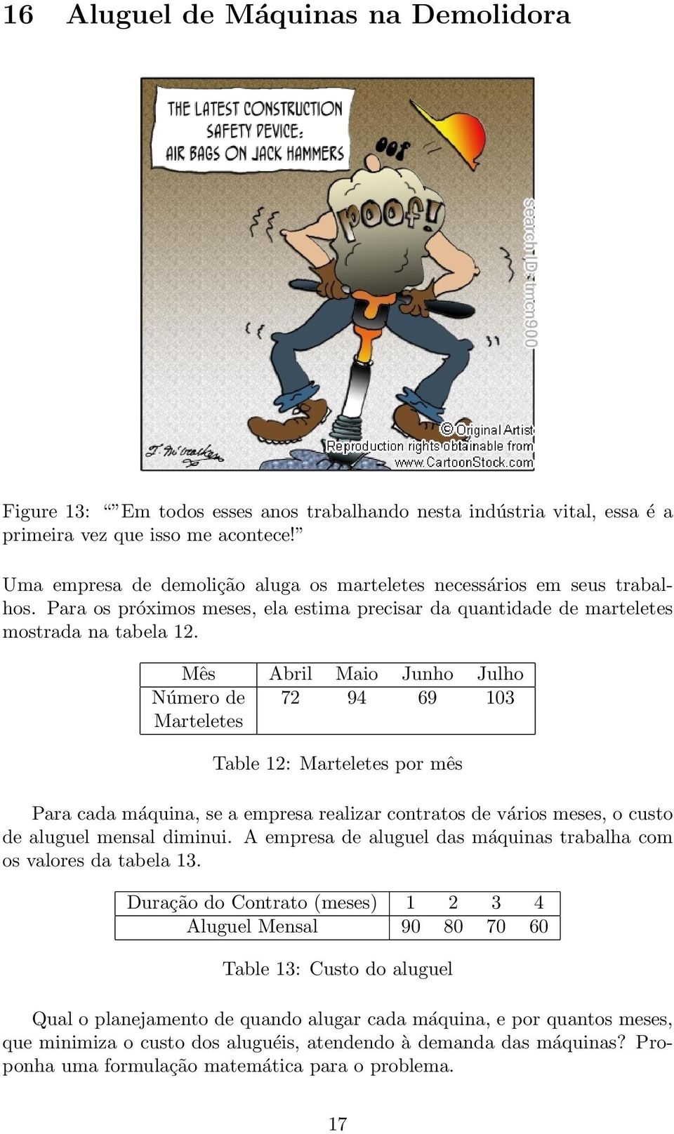 Mês Abril Maio Junho Julho Número de 72 94 69 103 Marteletes Table 12: Marteletes por mês Para cada máquina, se a empresa realizar contratos de vários meses, o custo de aluguel mensal diminui.