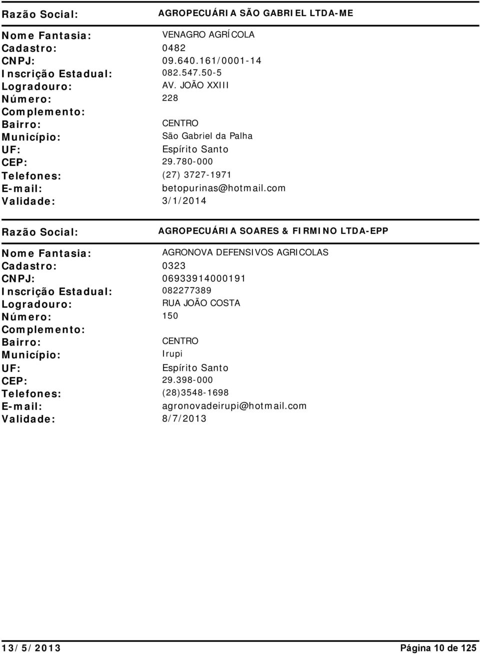 com Validade: 3/1/2014 AGROPECUÁRIA SOARES & FIRMINO LTDA-EPP AGRONOVA DEFENSIVOS AGRICOLAS Cadastro: 0323 CNPJ: 06933914000191