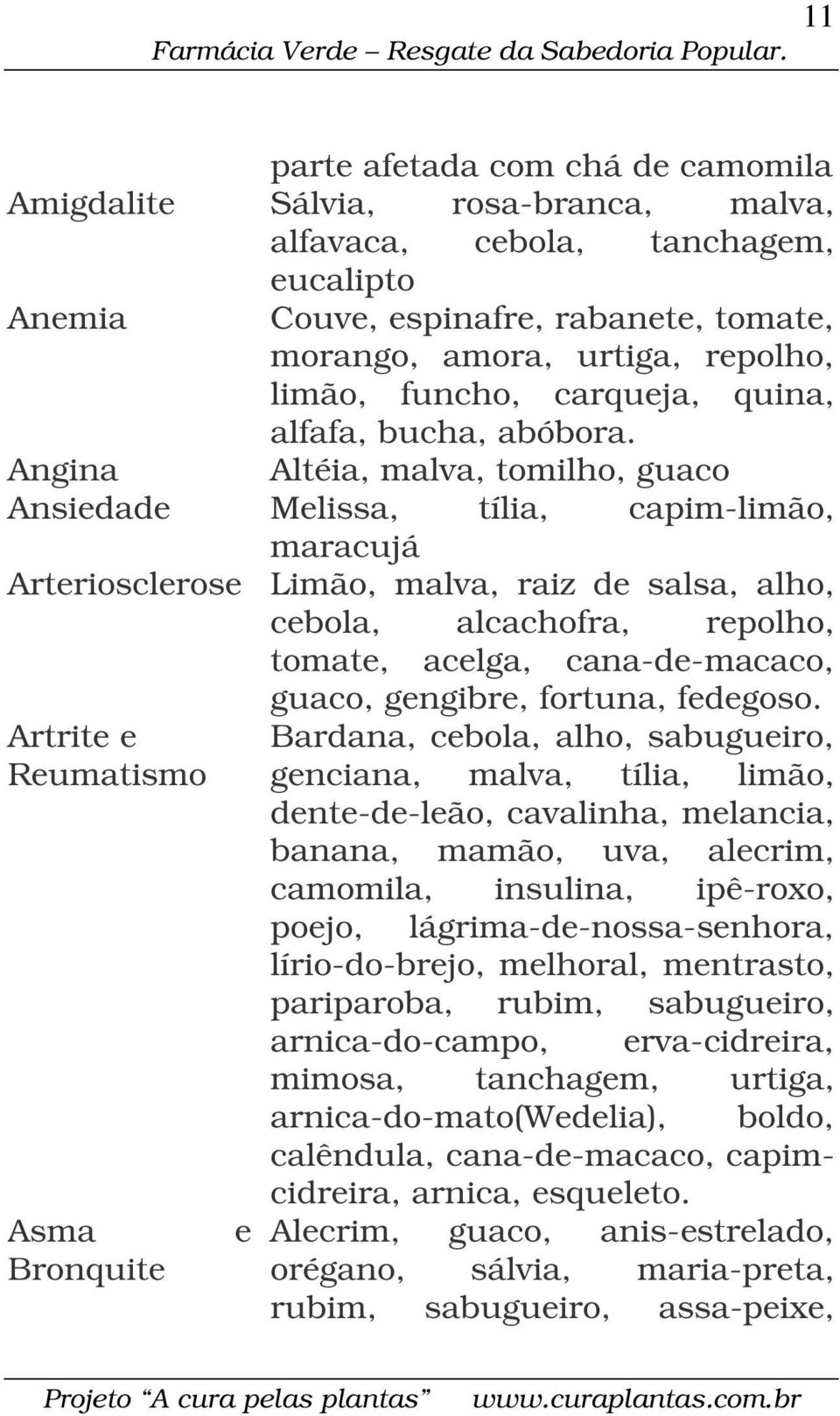 Angina Altéia, malva, tomilho, guaco Ansiedade Melissa, tília, capim-limão, maracujá Arteriosclerose Limão, malva, raiz de salsa, alho, cebola, alcachofra, repolho, tomate, acelga, cana-de-macaco,