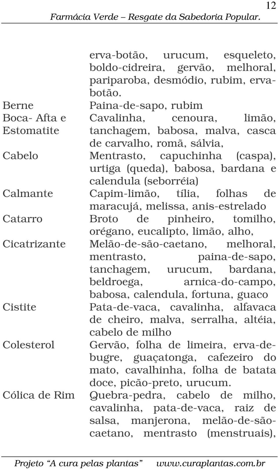 (seborréia) Calmante Capim-limão, tília, folhas de maracujá, melissa, anis-estrelado Catarro Broto de pinheiro, tomilho, orégano, eucalipto, limão, alho, Cicatrizante Melão-de-são-caetano, melhoral,