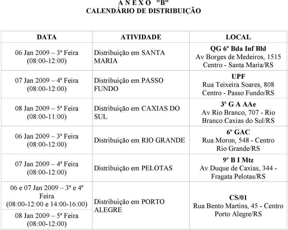 Distribuição em CAXIAS DO SUL Distribuição em RIO GRANDE Distribuição em PELOTAS Distribuição em PORTO ALEGRE QG 6ª Bda Inf Bld Av Borges de Medeiros, 1515 Centro - Santa Maria/RS UPF Rua Teixeira