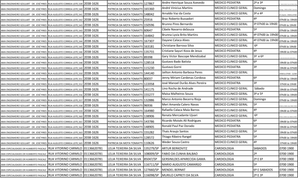 AUGUSTO CORREIA LEITE,540 2038-1626 PATRICIA DA MOTA TOMIATTI 165360 André Vinicius Martins MEDICO CLINICO GERAL Domingo Domingo - 19h00 às 07h00 - Quinzenal  JOSÉ PIRES RUA AUGUSTO CORREIA LEITE,541