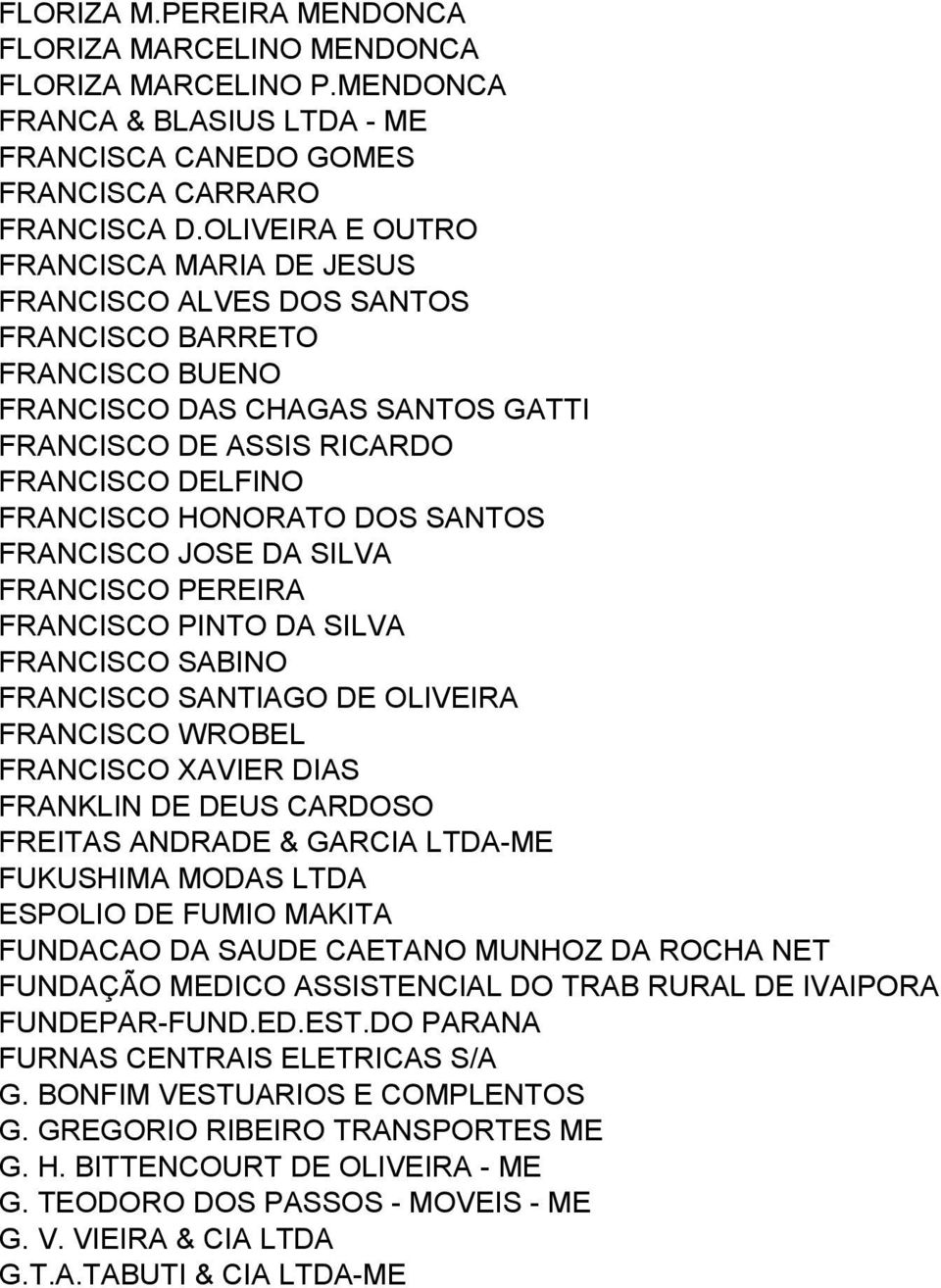 HONORATO DOS SANTOS FRANCISCO JOSE DA SILVA FRANCISCO PEREIRA FRANCISCO PINTO DA SILVA FRANCISCO SABINO FRANCISCO SANTIAGO DE OLIVEIRA FRANCISCO WROBEL FRANCISCO XAVIER DIAS FRANKLIN DE DEUS CARDOSO