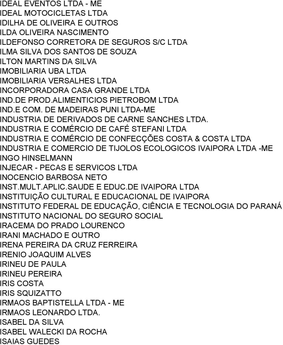 INDUSTRIA E COMÉRCIO DE CAFÉ STEFANI LTDA INDUSTRIA E COMÉRCIO DE CONFECÇÕES COSTA & COSTA LTDA INDUSTRIA E COMERCIO DE TIJOLOS ECOLOGICOS IVAIPORA LTDA -ME INGO HINSELMANN INJECAR - PECAS E SERVICOS