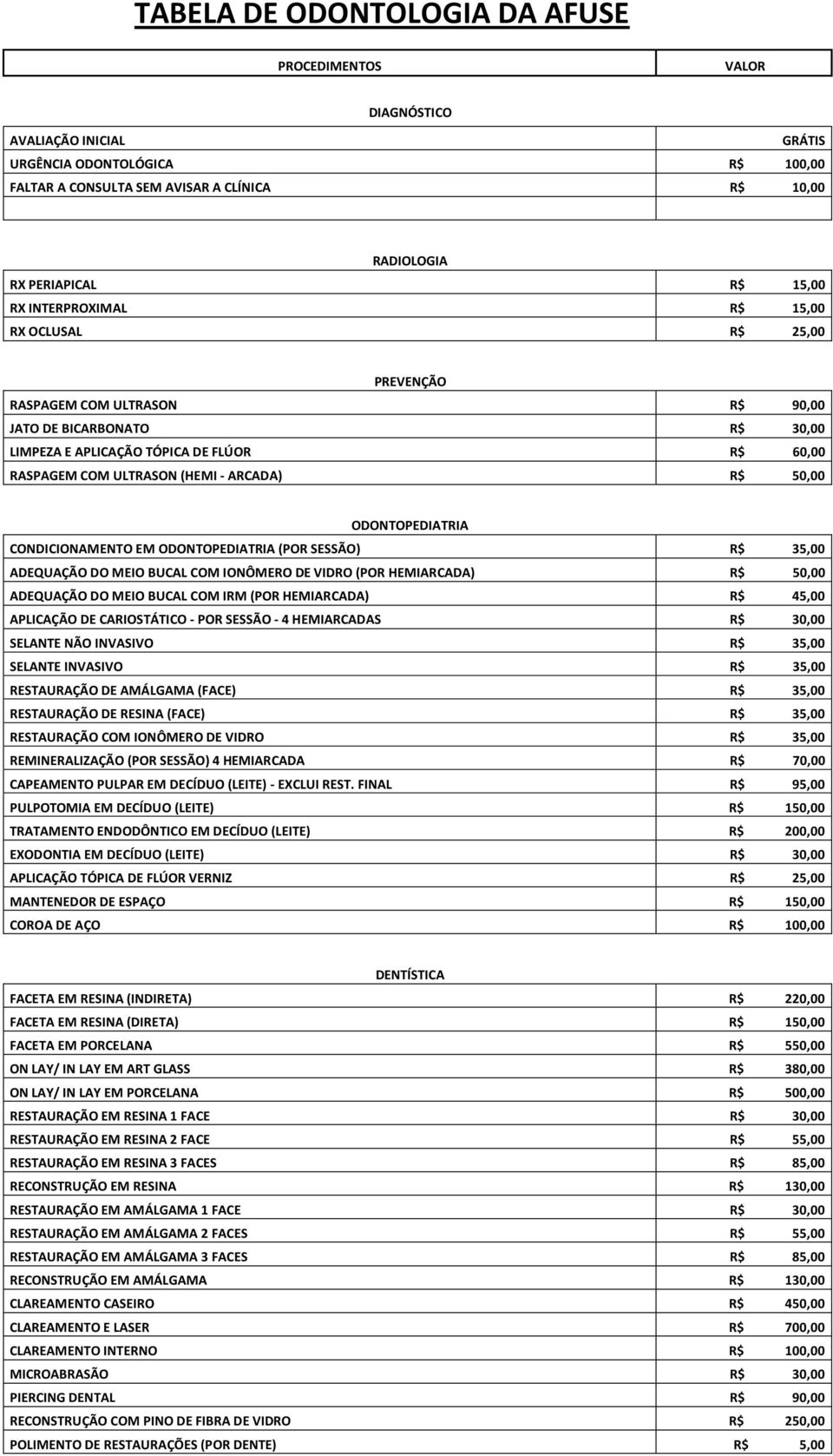 ARCADA) R$ 50,00 ODONTOPEDIATRIA CONDICIONAMENTO EM ODONTOPEDIATRIA (POR SESSÃO) R$ 35,00 ADEQUAÇÃO DO MEIO BUCAL COM IONÔMERO DE VIDRO (POR HEMIARCADA) R$ 50,00 ADEQUAÇÃO DO MEIO BUCAL COM IRM (POR