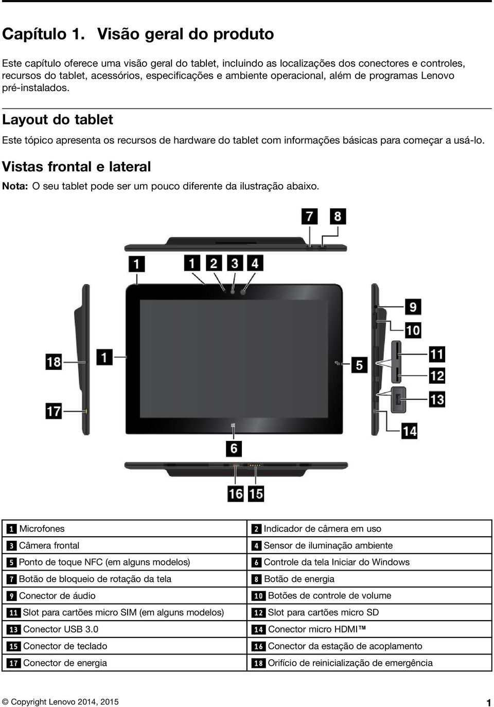 além de programas Lenovo pré-instalados. Layout do tablet Este tópico apresenta os recursos de hardware do tablet com informações básicas para começar a usá-lo.