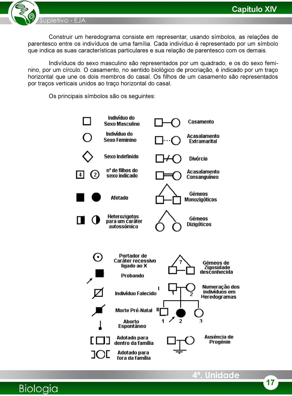 Indivíduos do sexo masculino são representados por um quadrado, e os do sexo feminino, por um círculo.