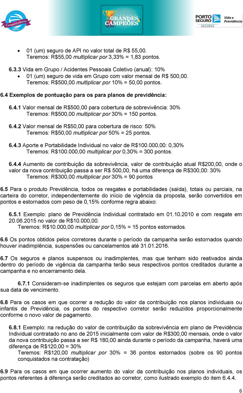 6.4 Exemplos de pontuação para os para planos de previdência: 6.4.1 Valor mensal de R$500,00 para cobertura de sobrevivência: 30% Teremos: R$500,00 multiplicar por 30% = 150 pontos. 6.4.2 Valor mensal de R$50,00 para cobertura de risco: 50% Teremos: R$50,00 multiplicar por 50% = 25 pontos.