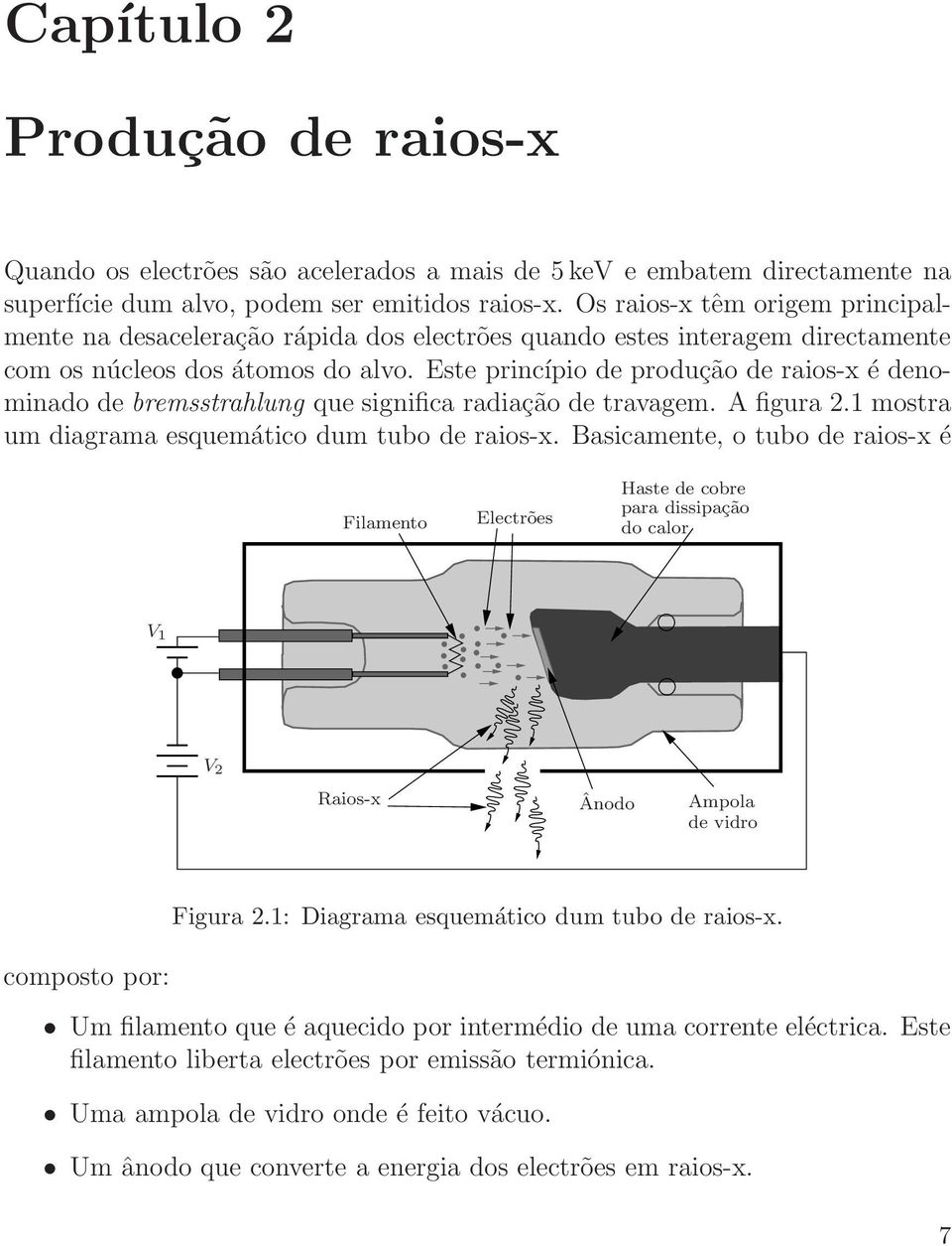 Este princípio de produção de raios-x é denominado de bremsstrahlung que significa radiação de travagem. A figura 2.1 mostra um diagrama esquemático dum tubo de raios-x.