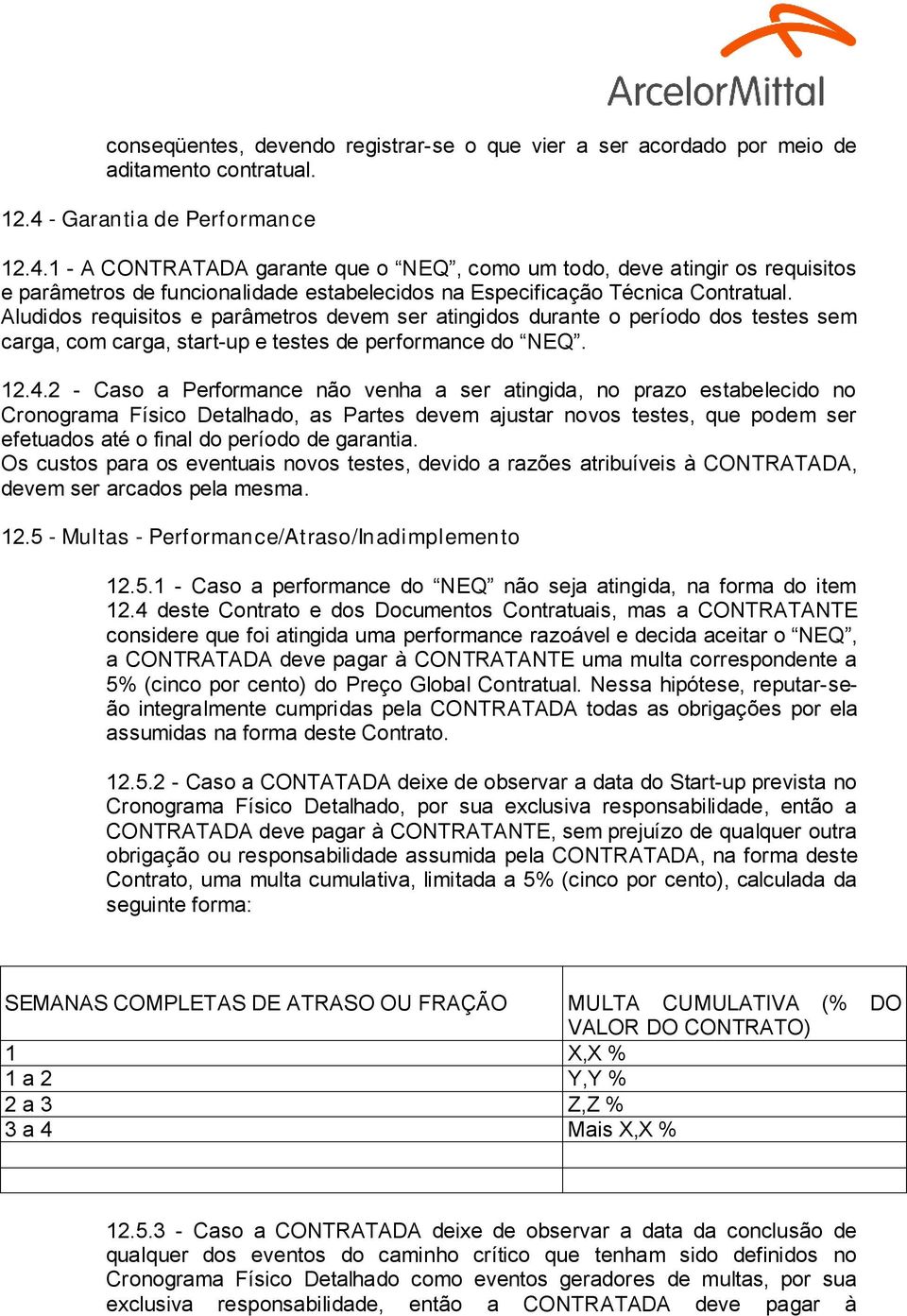 Aludidos requisitos e parâmetros devem ser atingidos durante o período dos testes sem carga, com carga, start-up e testes de performance do NEQ. 12.4.