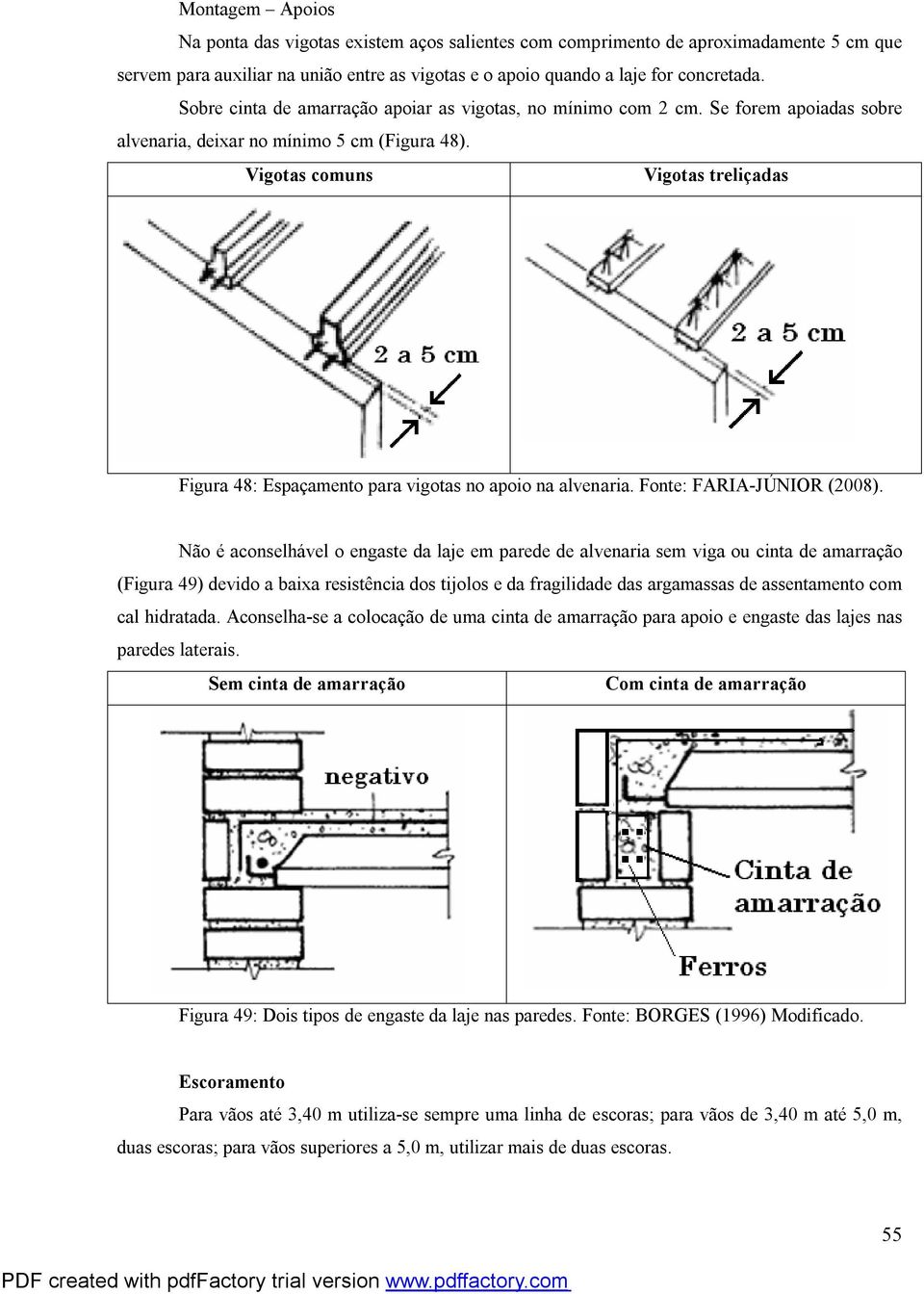 Vigotas comuns Vigotas treliçadas Figura 48: Espaçamento para vigotas no apoio na alvenaria. Fonte: FARIA-JÚNIOR (2008).
