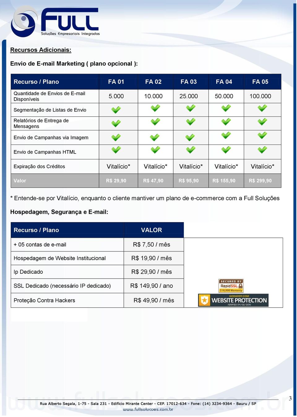 Vitalício* Valor R$ 29,90 R$ 47,90 R$ 95,90 R$ 155,90 R$ 299,90 * Entende-se por Vitalício, enquanto o cliente mantiver um plano de e-commerce com a Full Soluções Hospedagem, Segurança e E-mail: