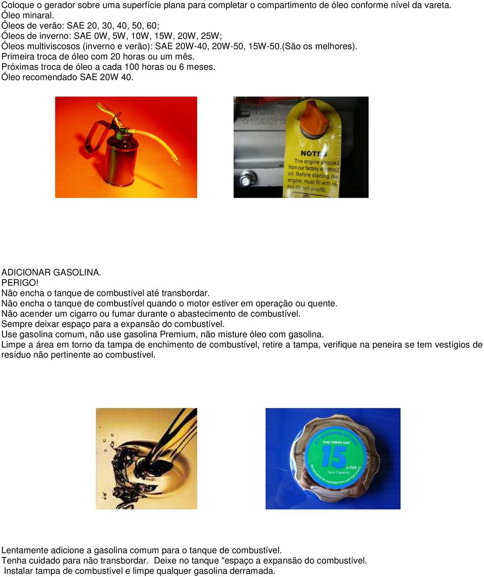 Primeira troca de óleo com 20 horas ou um mês. Próximas troca de óleo a cada 100 horas ou 6 meses. Óleo recomendado SAE 20W 40. ADICIONAR GASOLINA. PERIGO!